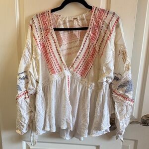Free People White Tunic with Red & Blue Embroidery